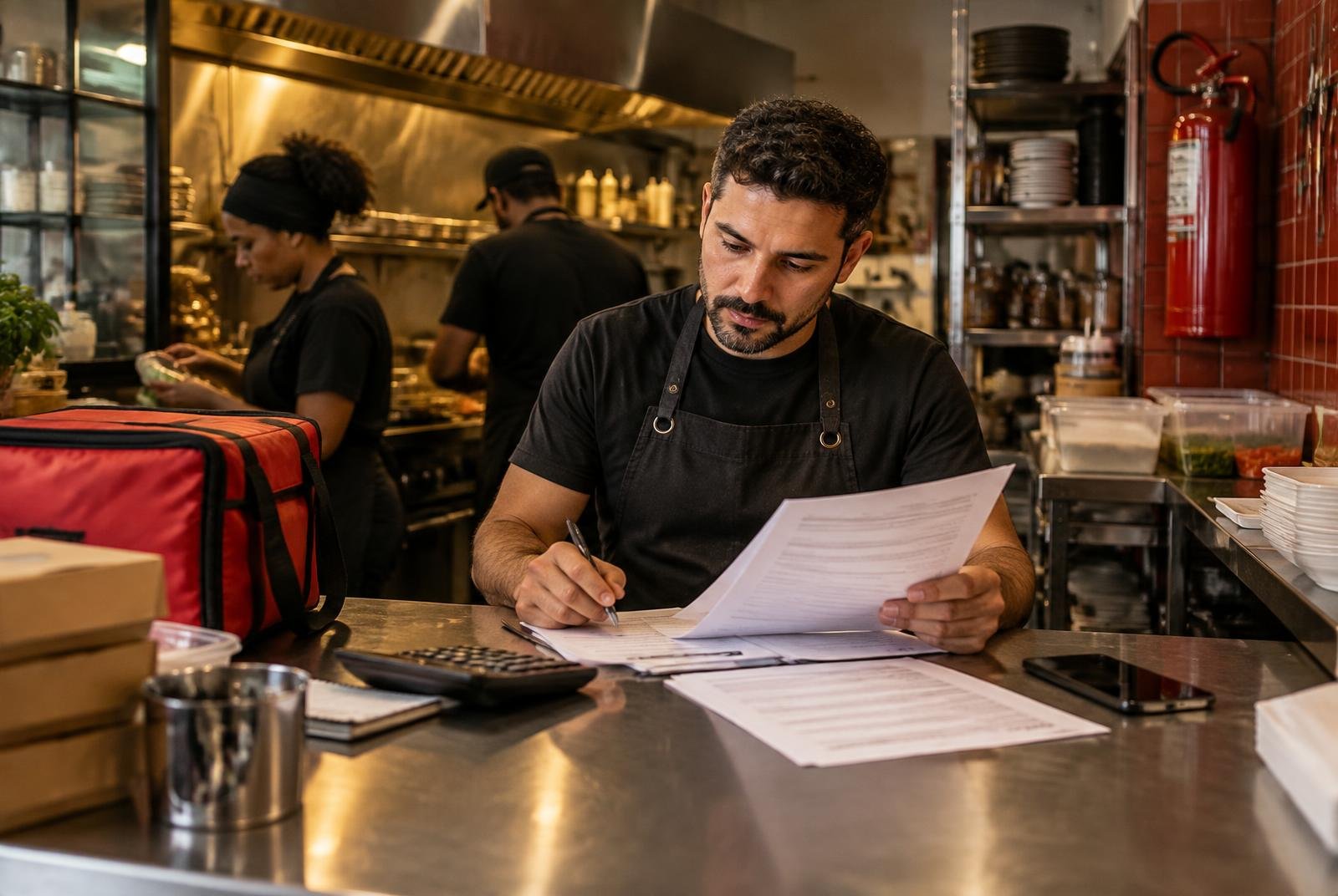 Dono de delivery conferindo documentos na cozinha